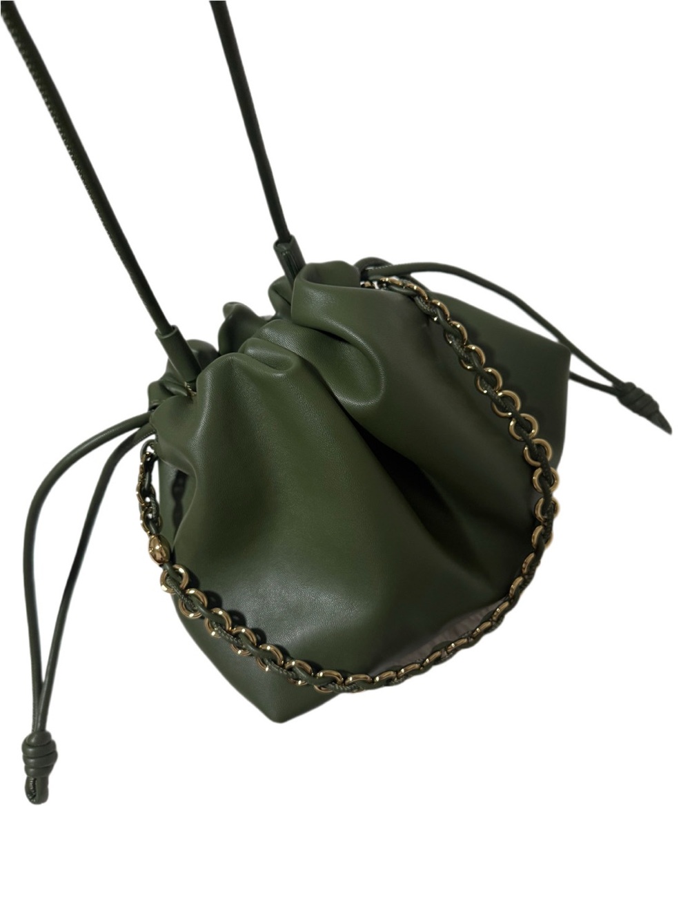 Olive Green Drawstring Crossbody Bag with Chain Detail